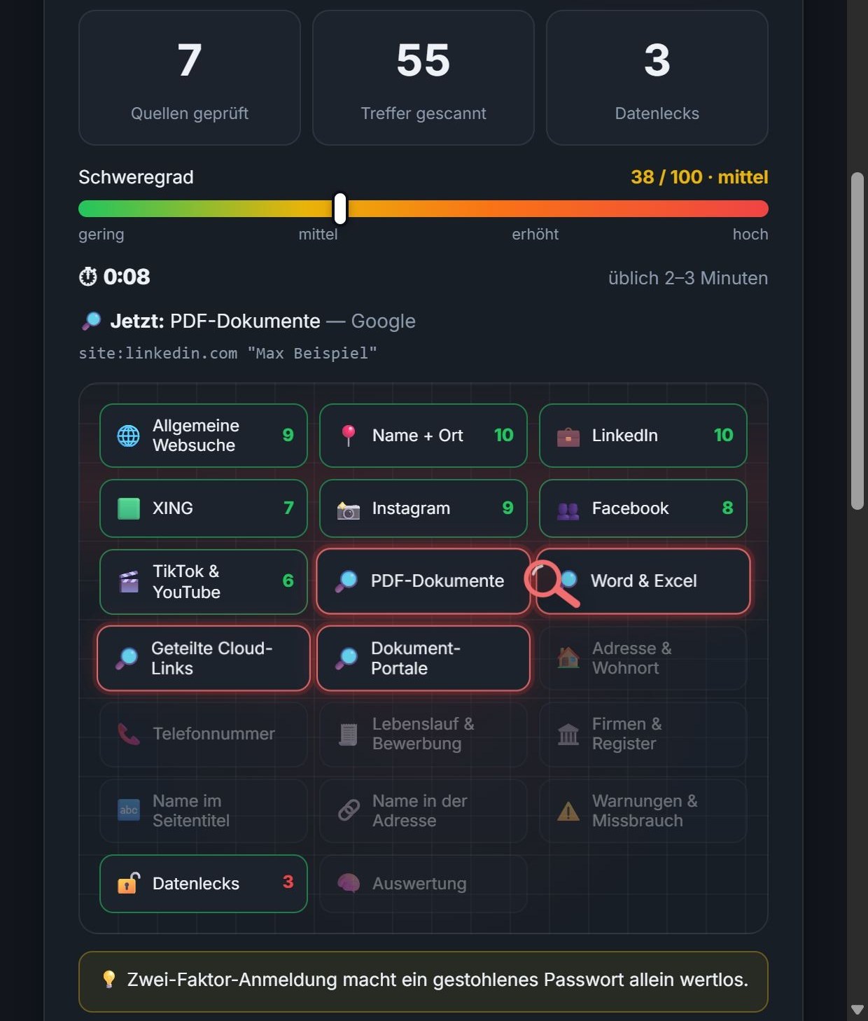 Selbstcheck: die Prüfung durchsucht Quellen live
