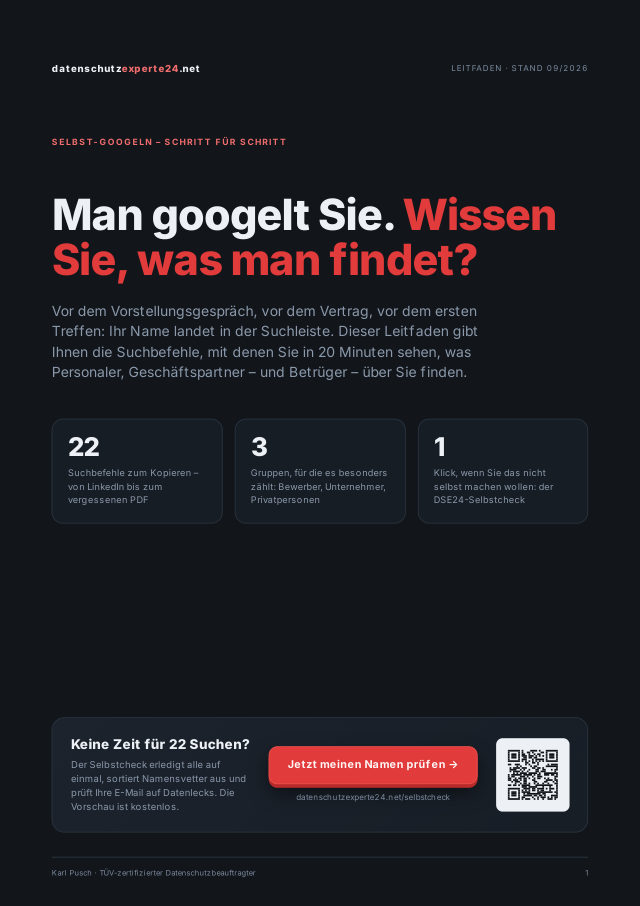 Titelseite des Leitfadens „Man googelt Sie — Selbst-googeln Schritt für Schritt“
